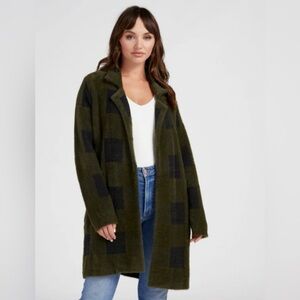 Liverpool Cozy Olive Green and Black Buffalo plaid Plush Sweater Coatigan